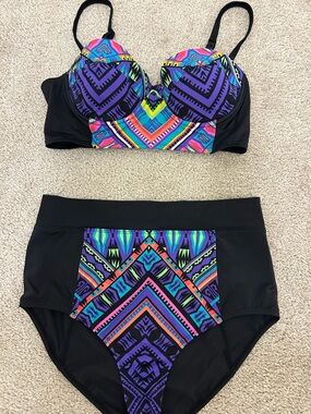 High Waist Black Bikini Set with Vibrant Aztec Print